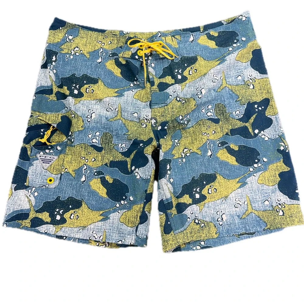 Columbia Board Shorts Mens 42 Blue Yellow PFG Fishing Camo Cargo Bottle Opener
